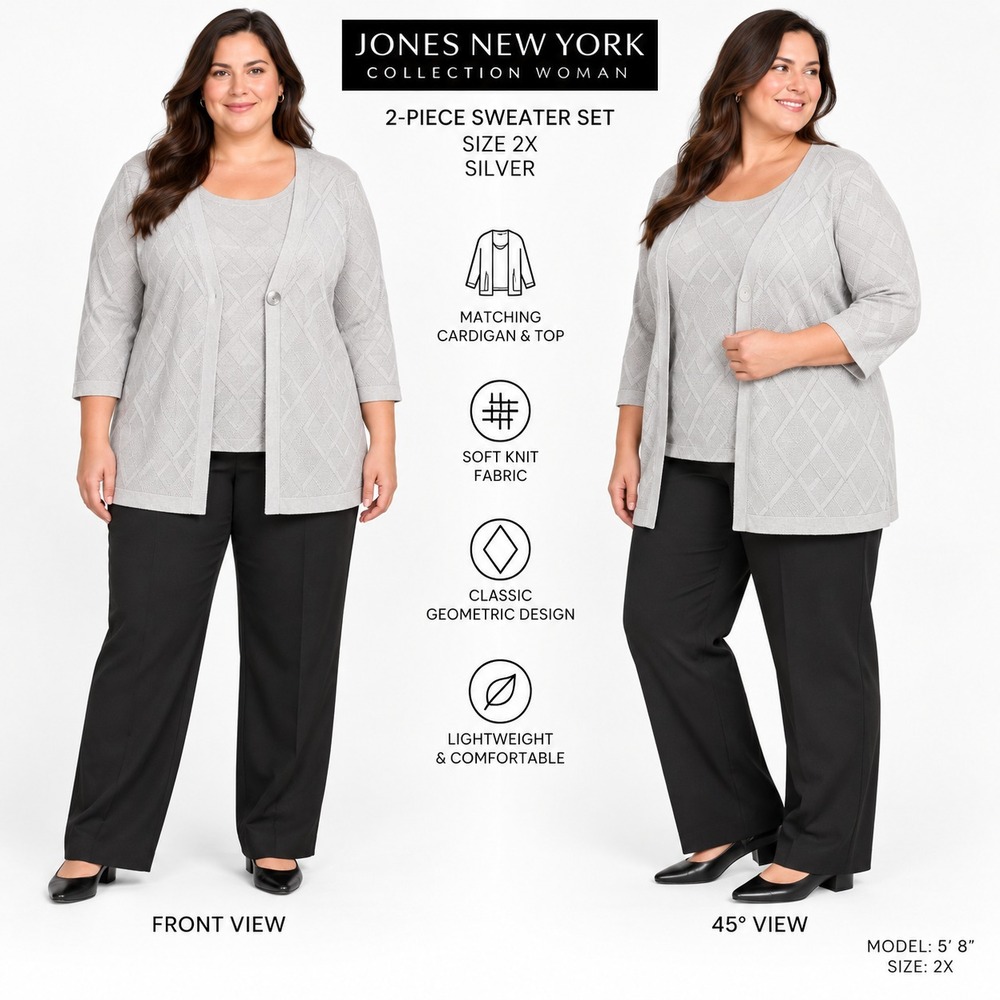 Jones New York Women's 2X Cardigan & Sweater Shell Diamond Beige Knit Twin Set